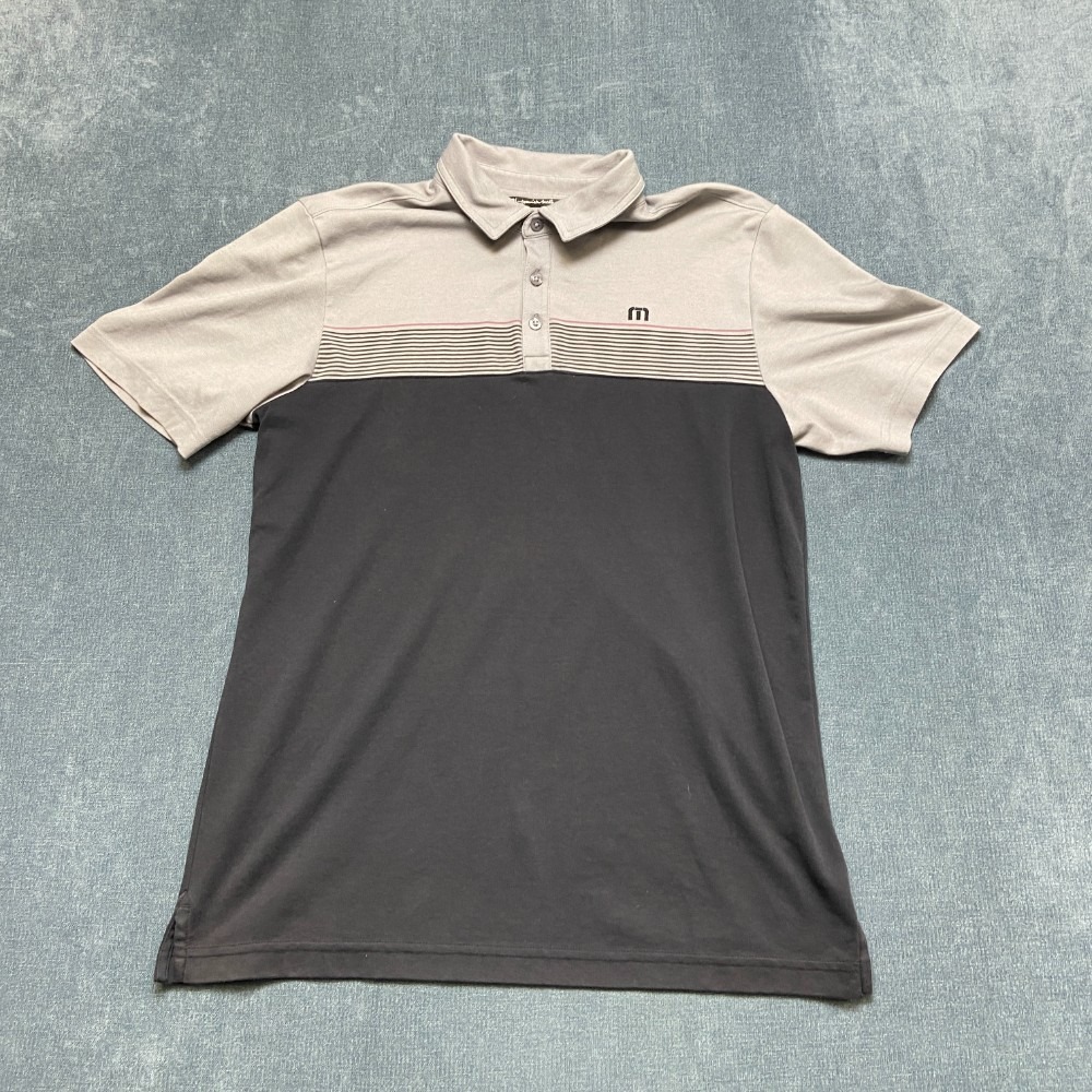 TravisMathew Polo Shirt Mens Medium Black Gray Colorblock Performance Collared